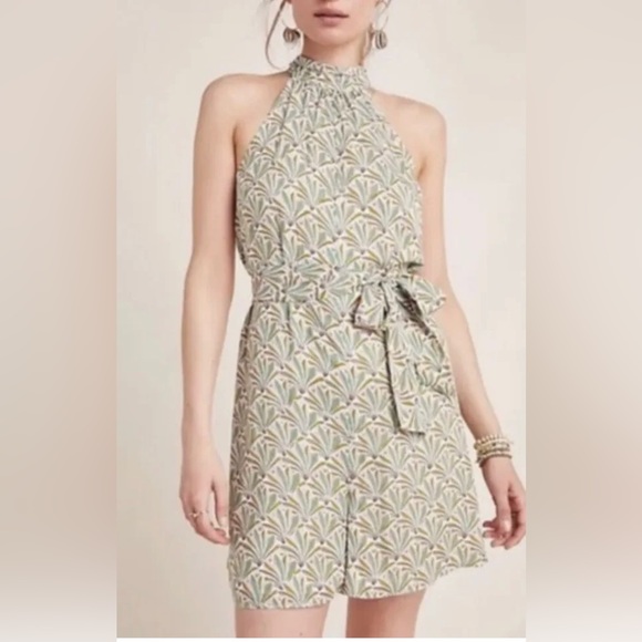 Anthropologie Pants - Anthropologie Maddie Halter High Neck Romper Green Palm Leaf Print Size S